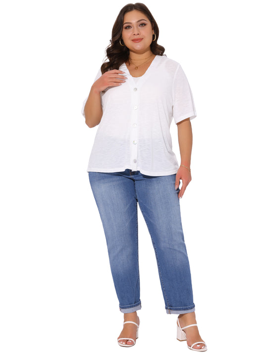 Women Plus Size Cardigan Button Down Sheer Round Neck Short Sleeve Knitted Sweater