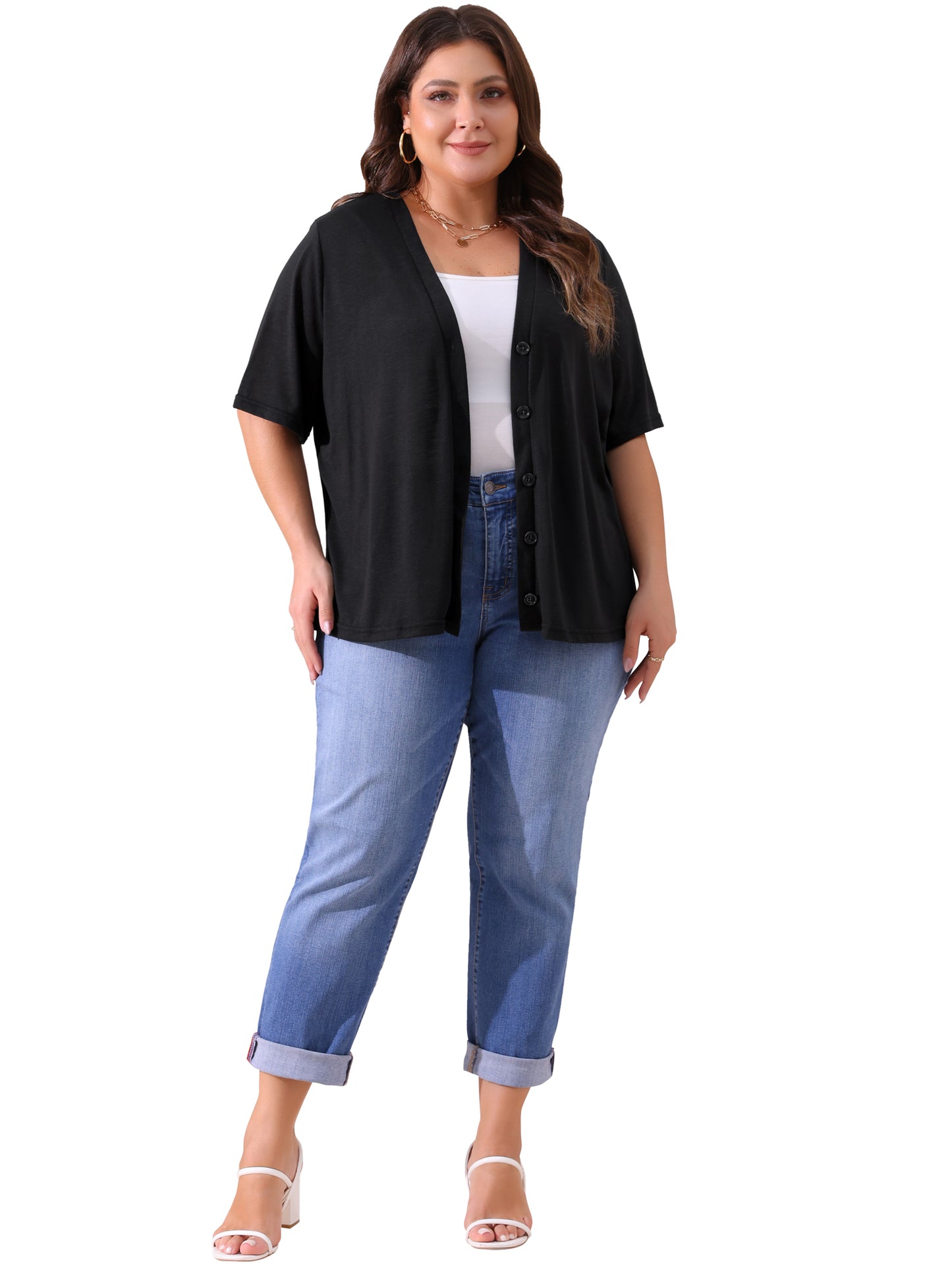 Women Plus Size Cardigan Button Down Sheer Round Neck Short Sleeve Knitted Sweater