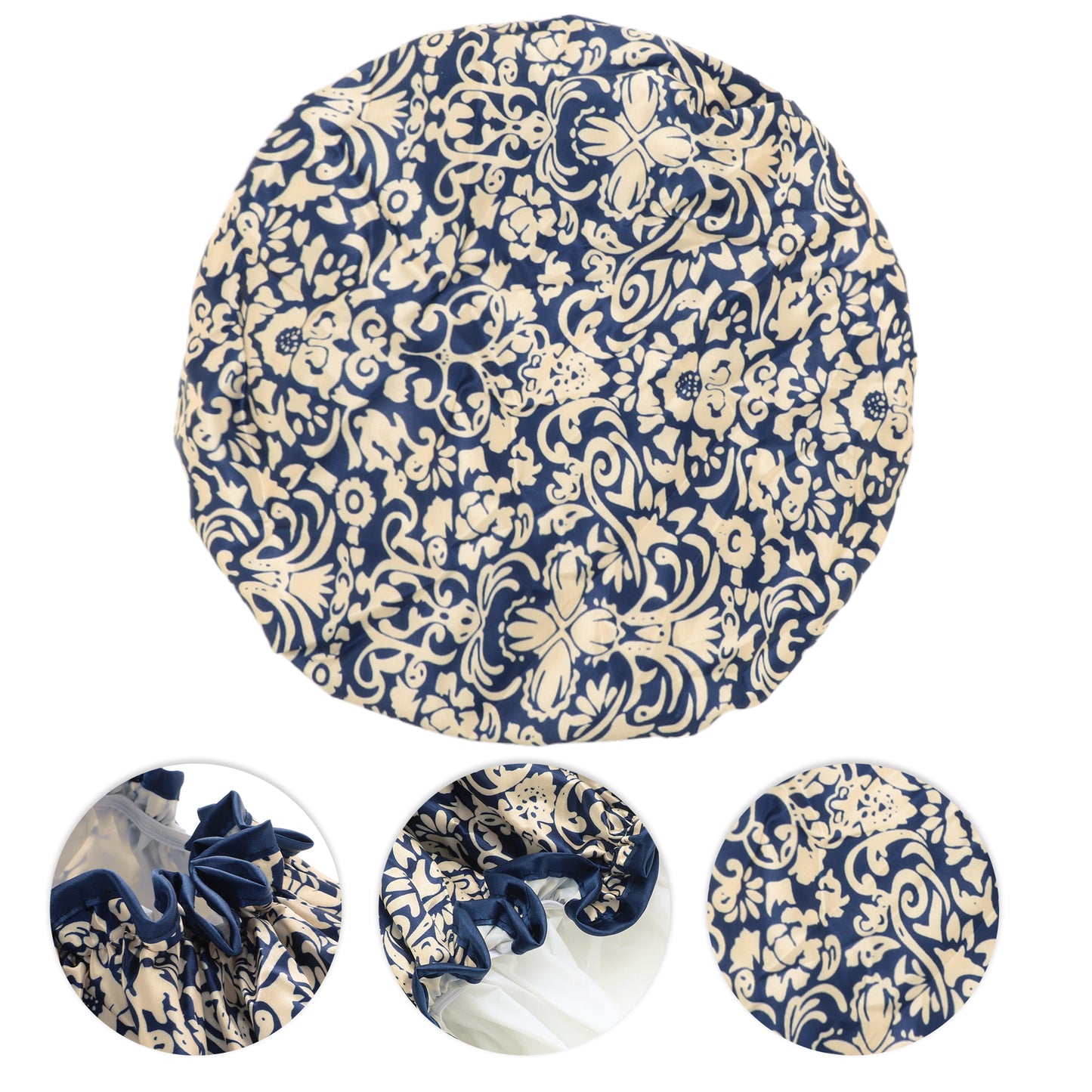 1 Pc Women Double Layer Flowers Shower Cap for Bathroom Vacation Travel Navy Blue