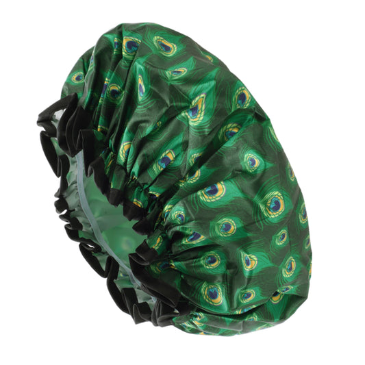 1 Pc Women Double Layer Peacock Pattern Shower Cap for Bathroom Vacation Green