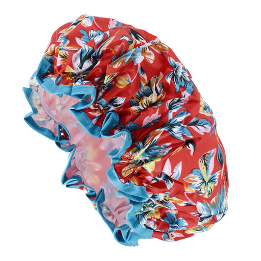1 Pc Women Double Layer Flowers Shower Cap for Bathroom Vacation Travel Red