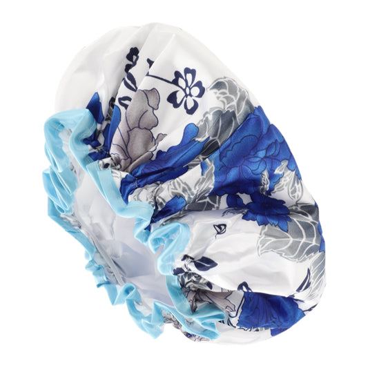 1 Pc Women Double Layer Flowers Shower Cap for Bathroom Vacation Blue White