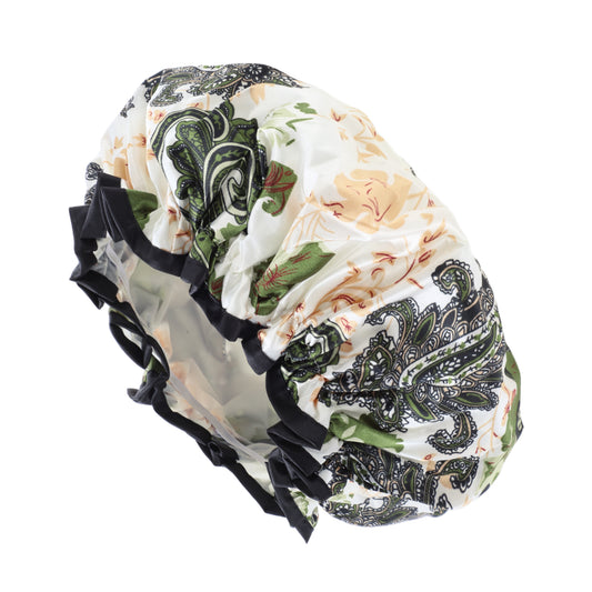 Women Double Layer Begonia Flowers Shower Cap for Bathroom Travel Green White