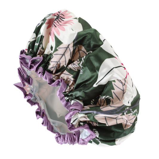 1 Pc Women Double Layer Lily Flowers Shower Cap for Bathroom Vacation Green