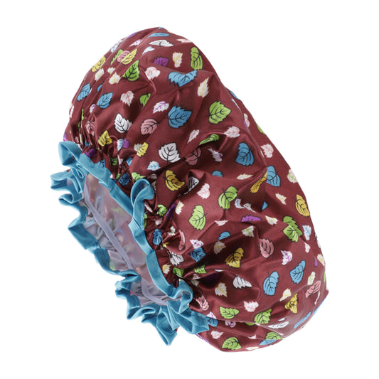 1 Pc Women Double Layer Colored Leaves Shower Cap for Bathroom Travel Deep Brown