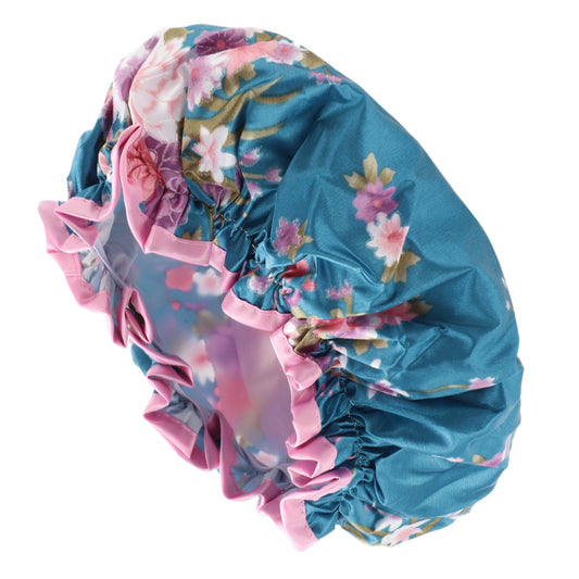 1 Pc Women Double Layer Hibiscus Flowers Shower Cap for Bathroom Vacation Blue