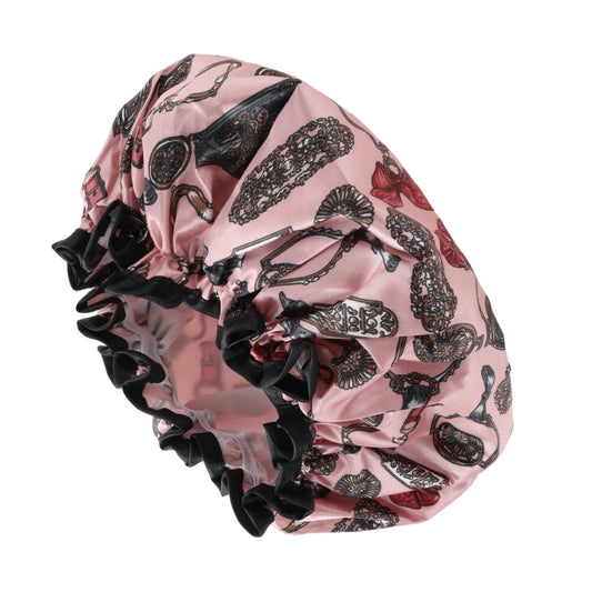 1 Pc Women Double Layer Accessories Pattern Shower Cap for Bathroom Travel Pink