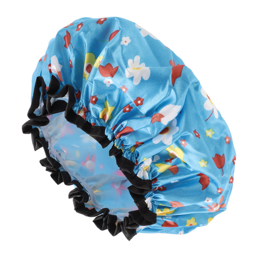 1 Pc Women Double Layer Small Flowers Shower Cap for Bathroom Vacation Blue