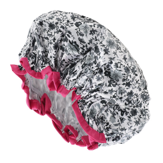 1 Pc Women Double Layer Flowers Shower Cap for Bathroom Vacation Black White