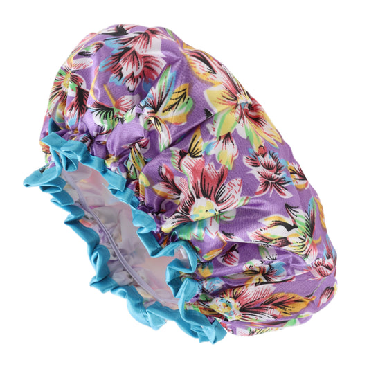 1 Pc Women Double Layer Flowers Shower Cap for Bathroom Vacation Travel Purple