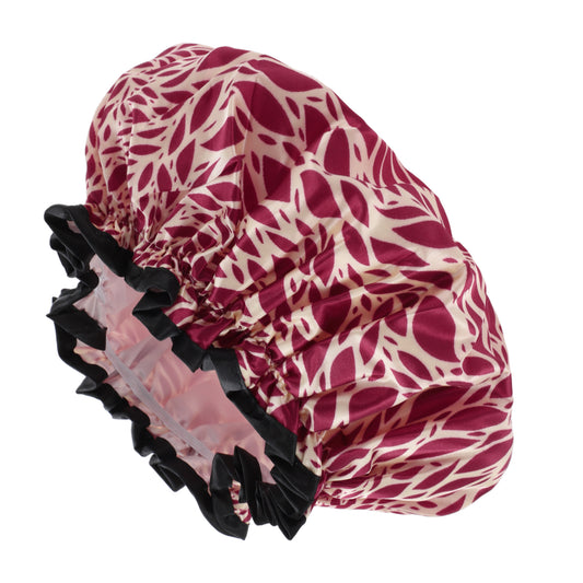 1 Pc Women Double Layer Leaves Shower Cap for Bathroom Vacation Travel Red