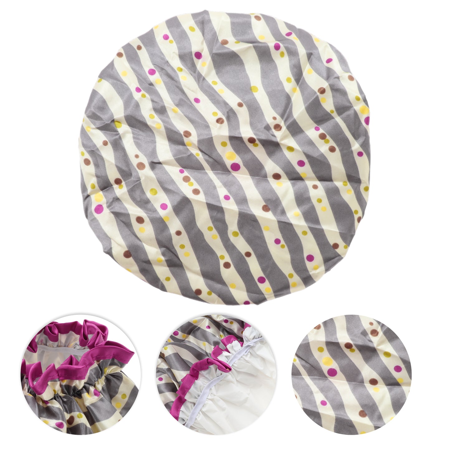 1 Pc Women Double Layer Wave Dots Shower Cap for Bathroom Vacation Travel Gray