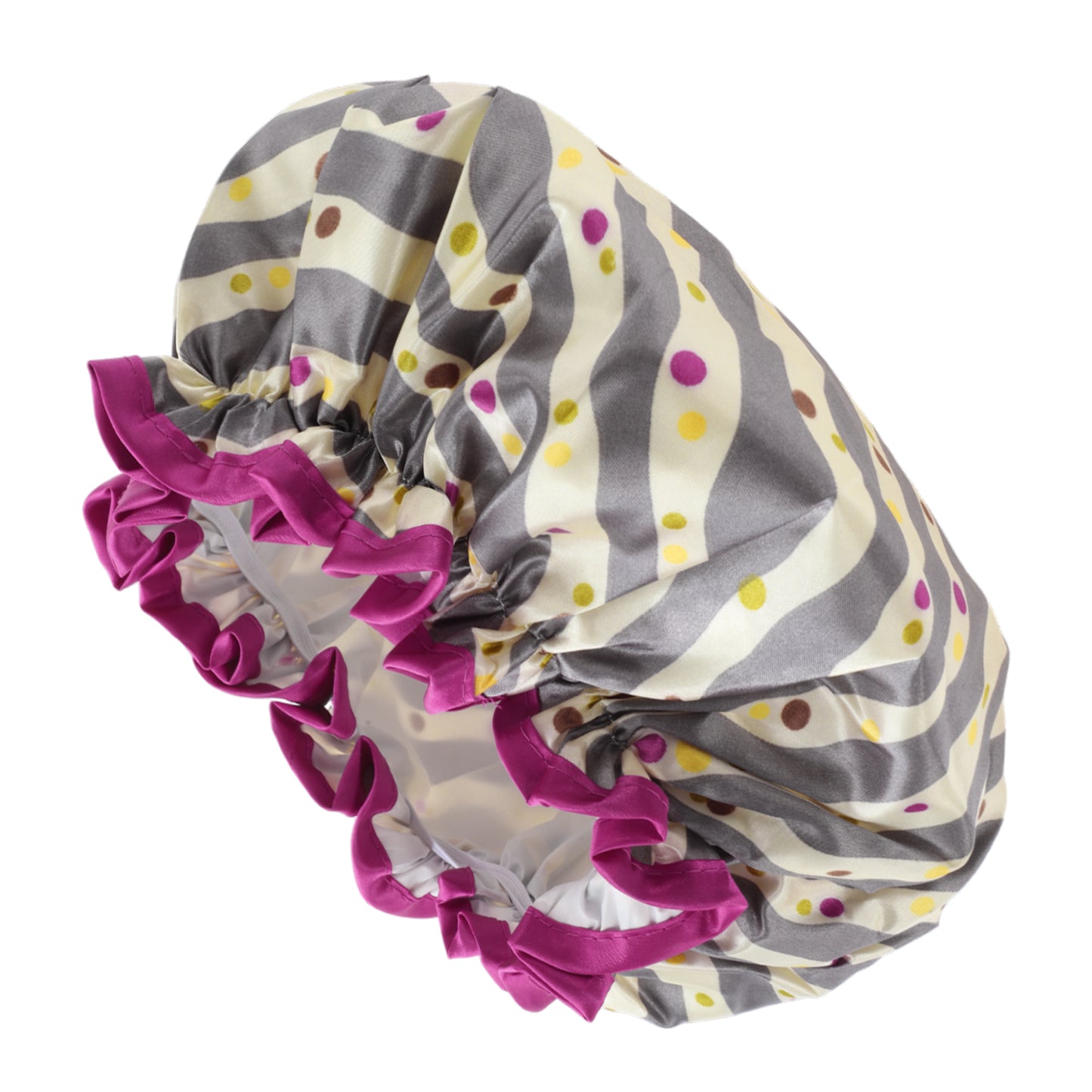 1 Pc Women Double Layer Wave Dots Shower Cap for Bathroom Vacation Travel Gray