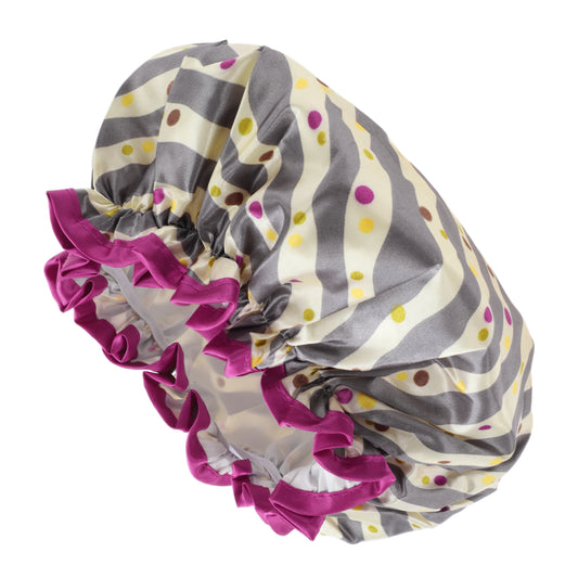 1 Pc Women Double Layer Wave Dots Shower Cap for Bathroom Vacation Travel Gray