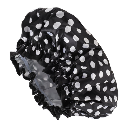 1 Pc Women Double Layer Dots Shower Cap for Bathroom Vacation Travel Black White