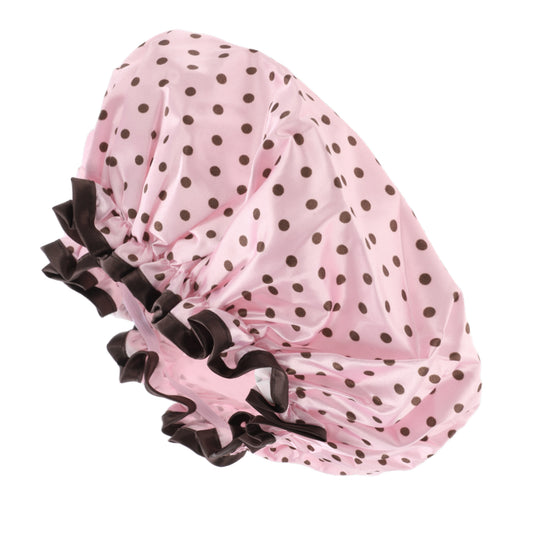 1 Pc Women Double Layer Dots Shower Cap for Bathroom Vacation Travel Pink Brown