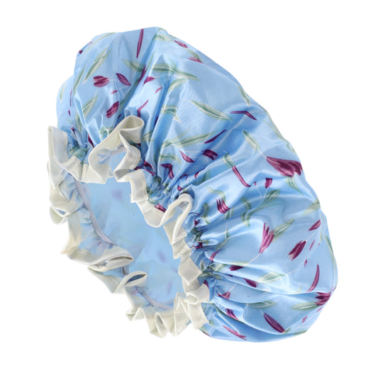 1 Pc Women Double Layer Large Dots Shower Cap for Bathroom Vacation Travel Blue
