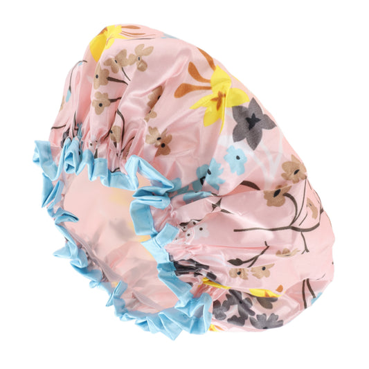 1 Pc Women Double Layer Flowers Shower Cap for Bathroom Vacation Travel Pink