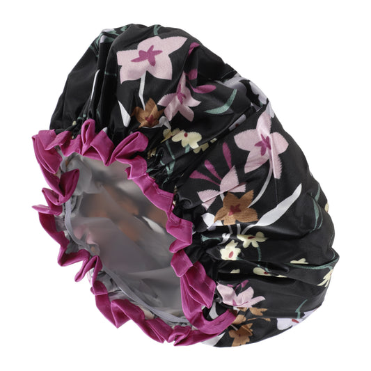 1 Pc Women Double Layer Flowers Shower Cap for Bathroom Vacation Travel Black