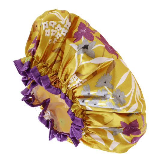 1 Pc Women Double Layer Flowers Shower Cap for Bathroom Vacation Travel Yellow