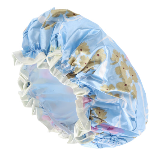1 Pc Women Double Layer Flowers Shower Cap for Bathroom Vacation Travel Blue