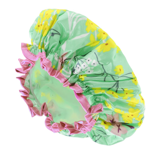 1 Pc Women Double Layer Flowers Shower Cap for Bathroom Vacation Travel Green