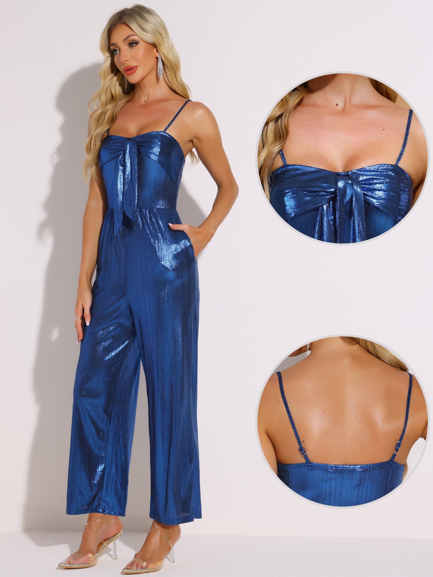 Mono de mujer con escote en V y purpurina, sin mangas, con tirantes finos, para fiesta y club