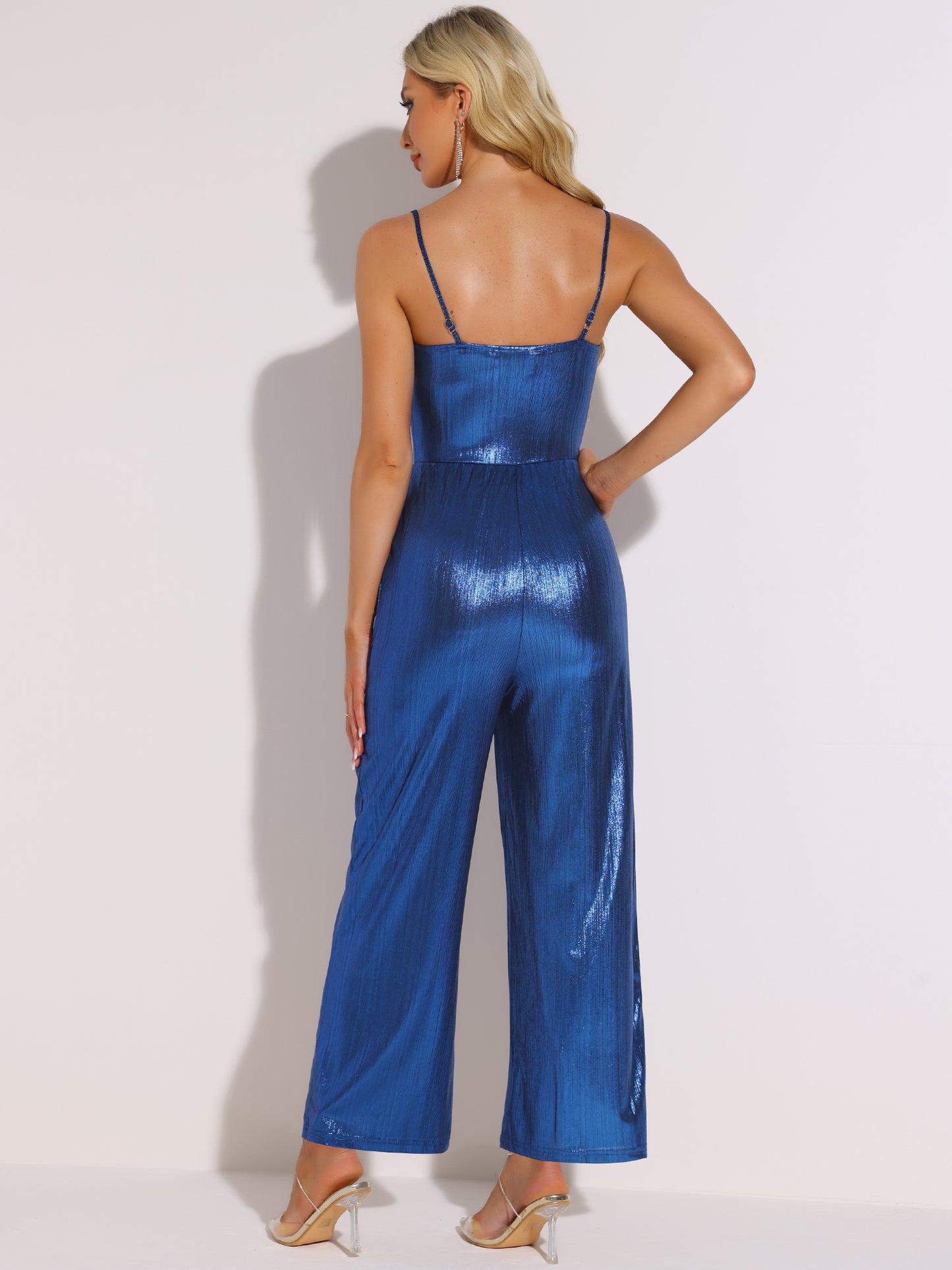 Mono de mujer con escote en V y purpurina, sin mangas, con tirantes finos, para fiesta y club