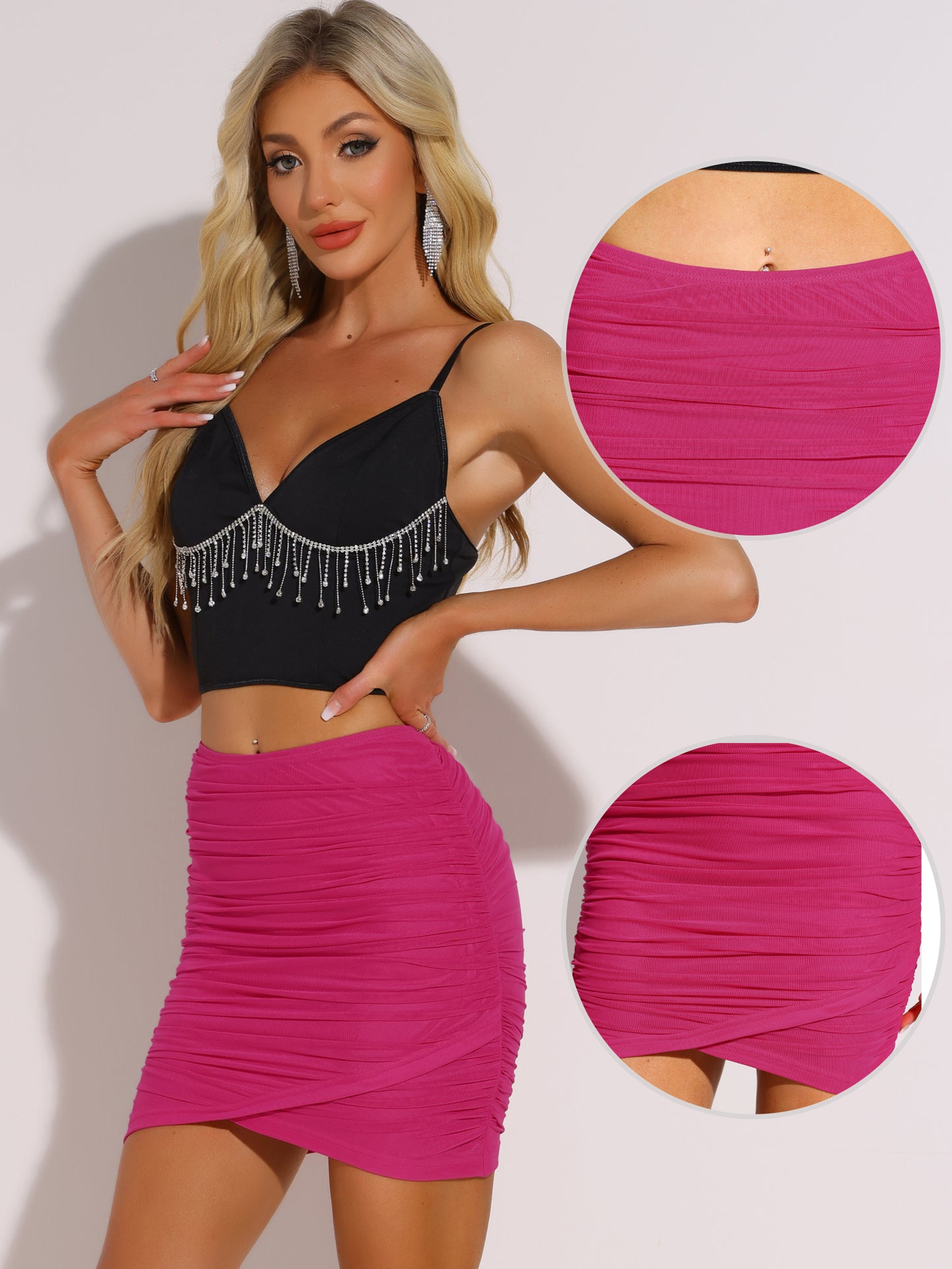 Falda fruncida sexy de malla para fiesta y club para mujer, de longitud mini.