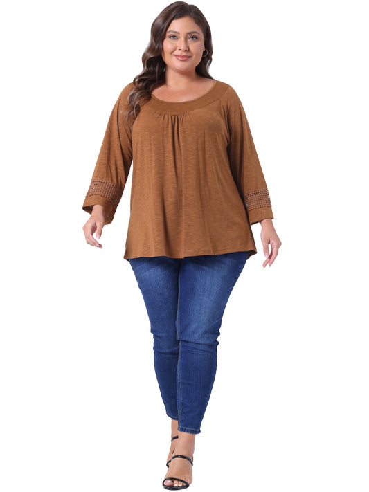 Women's Plus Size Tops Long Sleeve Crochet Panel Hollow Out Pleated Tunics Blouse
