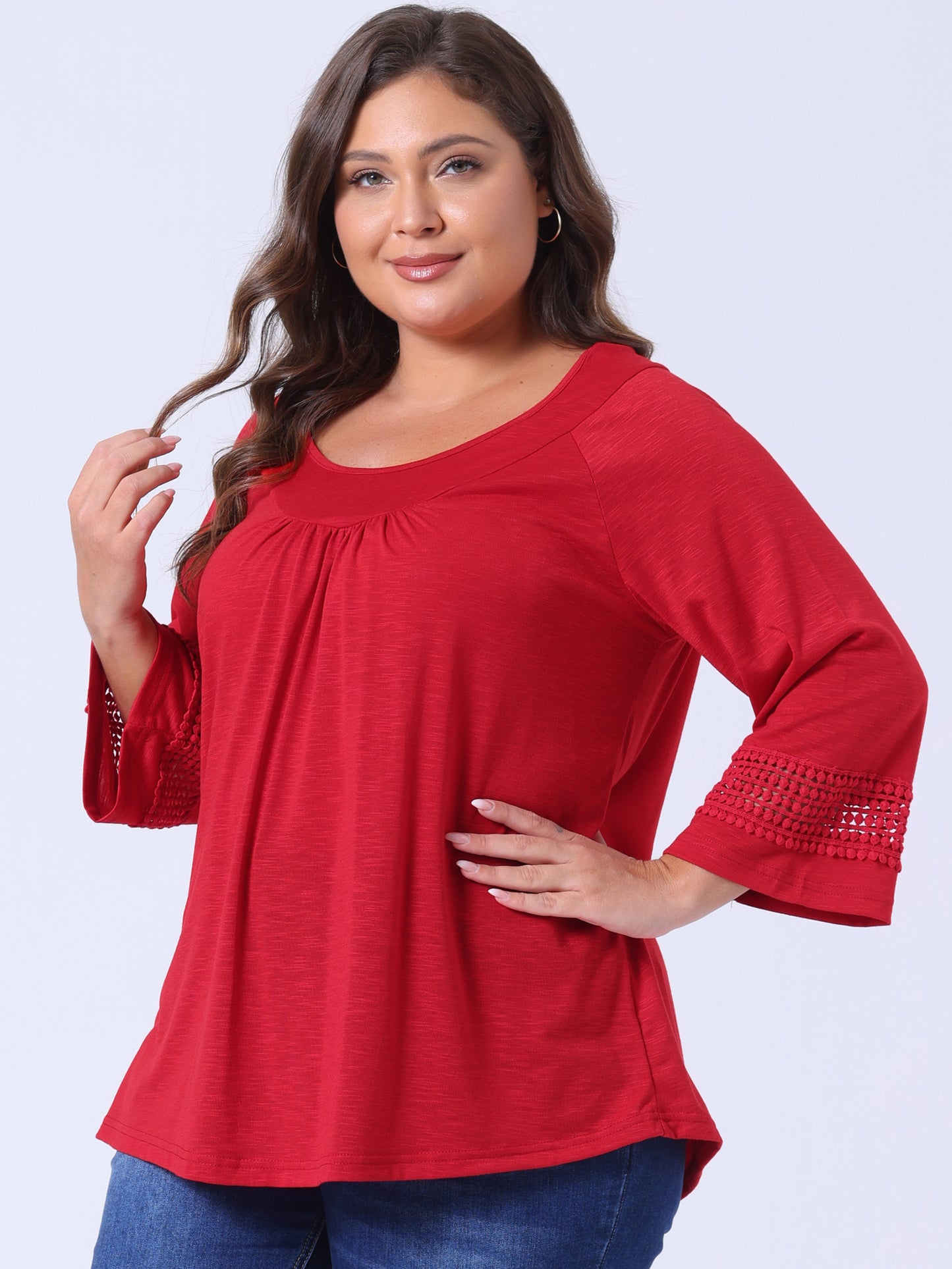 Women's Plus Size Tops Long Sleeve Crochet Panel Hollow Out Pleated Tunics Blouse