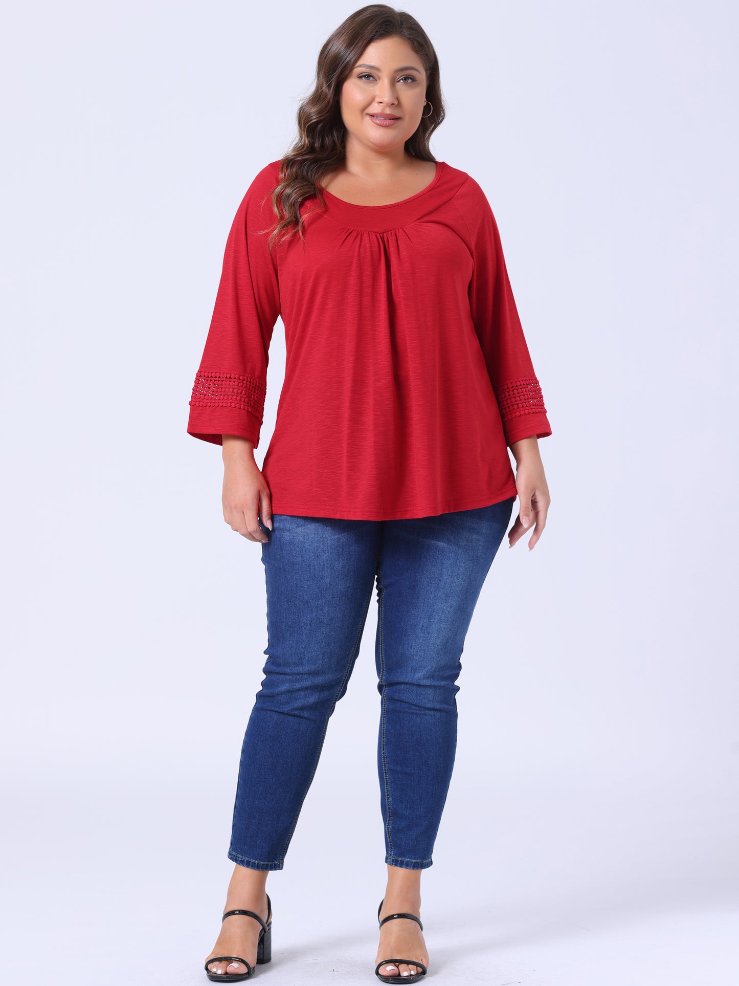 Women's Plus Size Tops Long Sleeve Crochet Panel Hollow Out Pleated Tunics Blouse