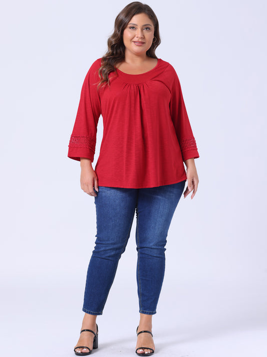 Women's Plus Size Tops Long Sleeve Crochet Panel Hollow Out Pleated Tunics Blouse
