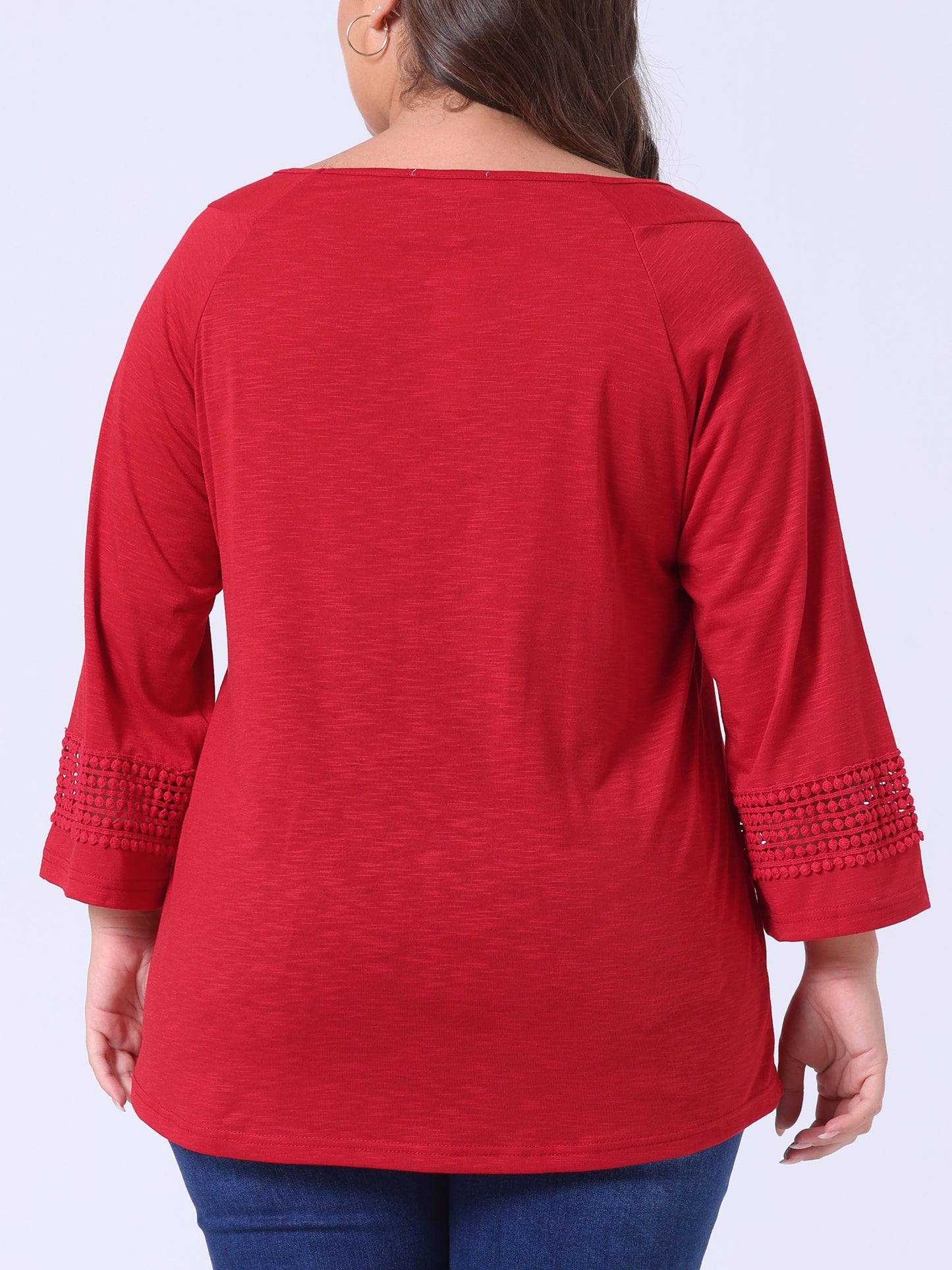 Women's Plus Size Tops Long Sleeve Crochet Panel Hollow Out Pleated Tunics Blouse