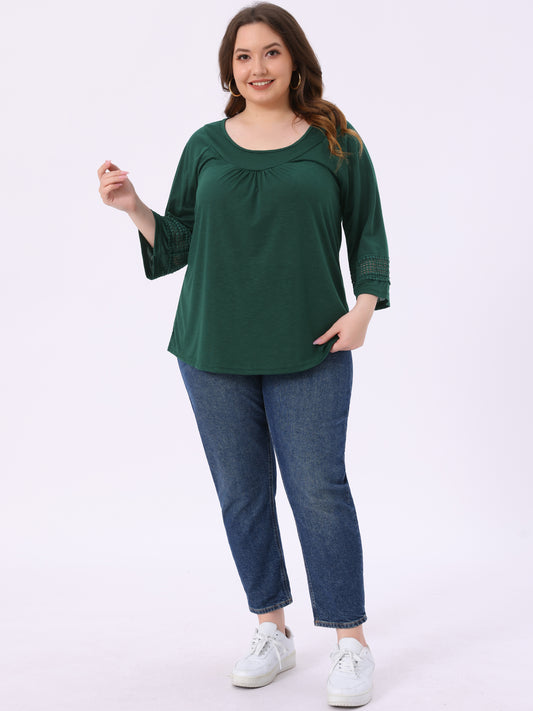 Women's Plus Size Tops Long Sleeve Crochet Panel Hollow Out Pleated Tunics Blouse