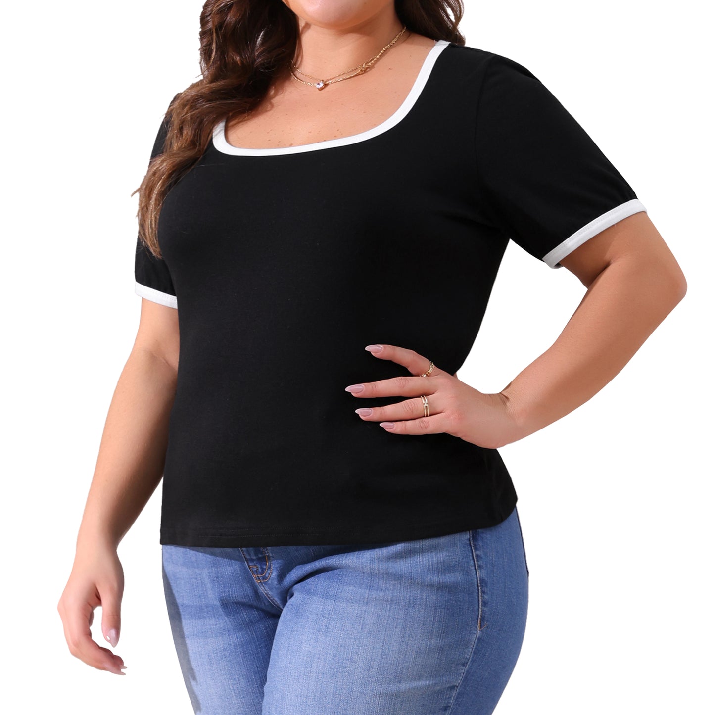 Women Plus Size Top Square Neck Short Sleeve T-Shirt Ribbed Color Block Slim Fit Knit Basic Tee