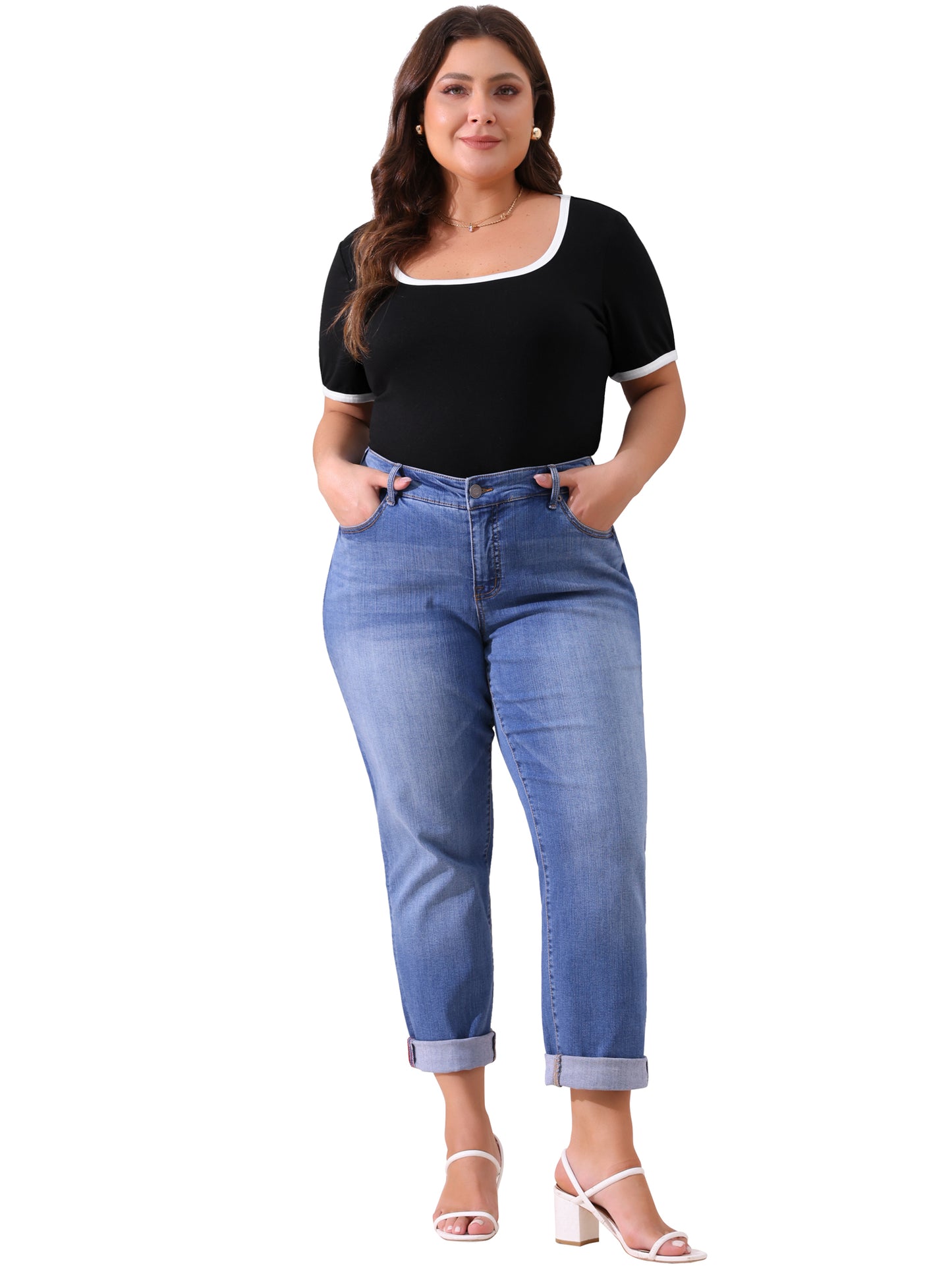 Women Plus Size Top Square Neck Short Sleeve T-Shirt Ribbed Color Block Slim Fit Knit Basic Tee