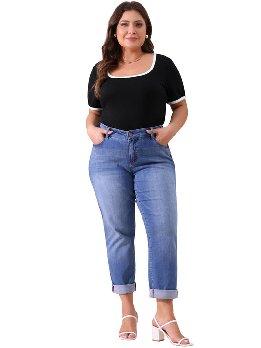 Women Plus Size Top Square Neck Short Sleeve T-Shirt Ribbed Color Block Slim Fit Knit Basic Tee