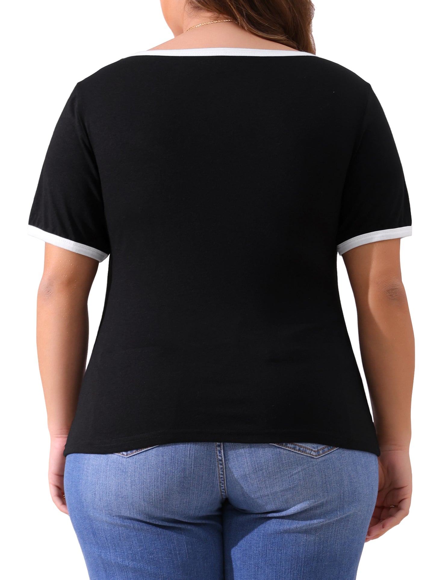Women Plus Size Top Square Neck Short Sleeve T-Shirt Ribbed Color Block Slim Fit Knit Basic Tee