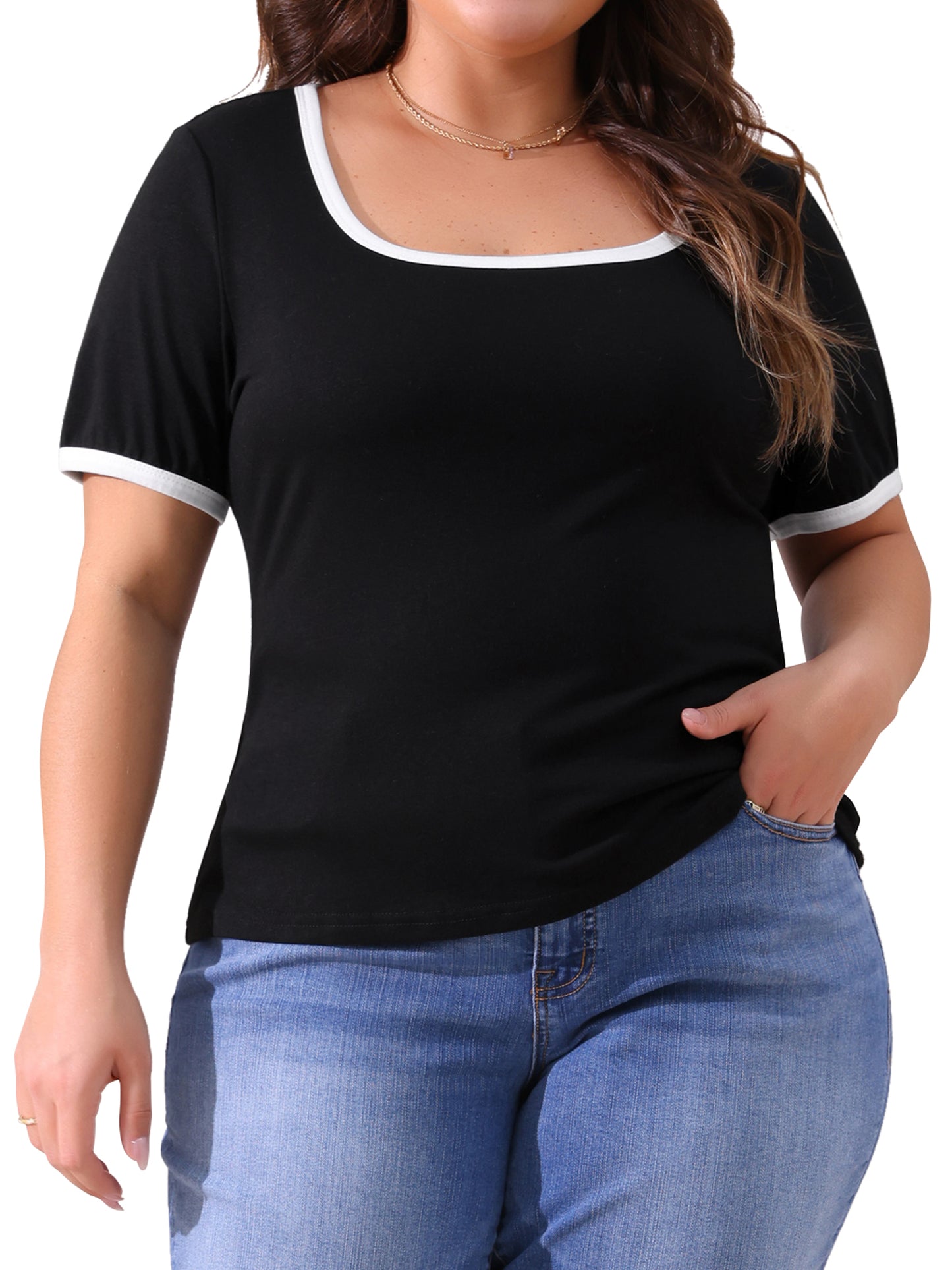 Women Plus Size Top Square Neck Short Sleeve T-Shirt Ribbed Color Block Slim Fit Knit Basic Tee