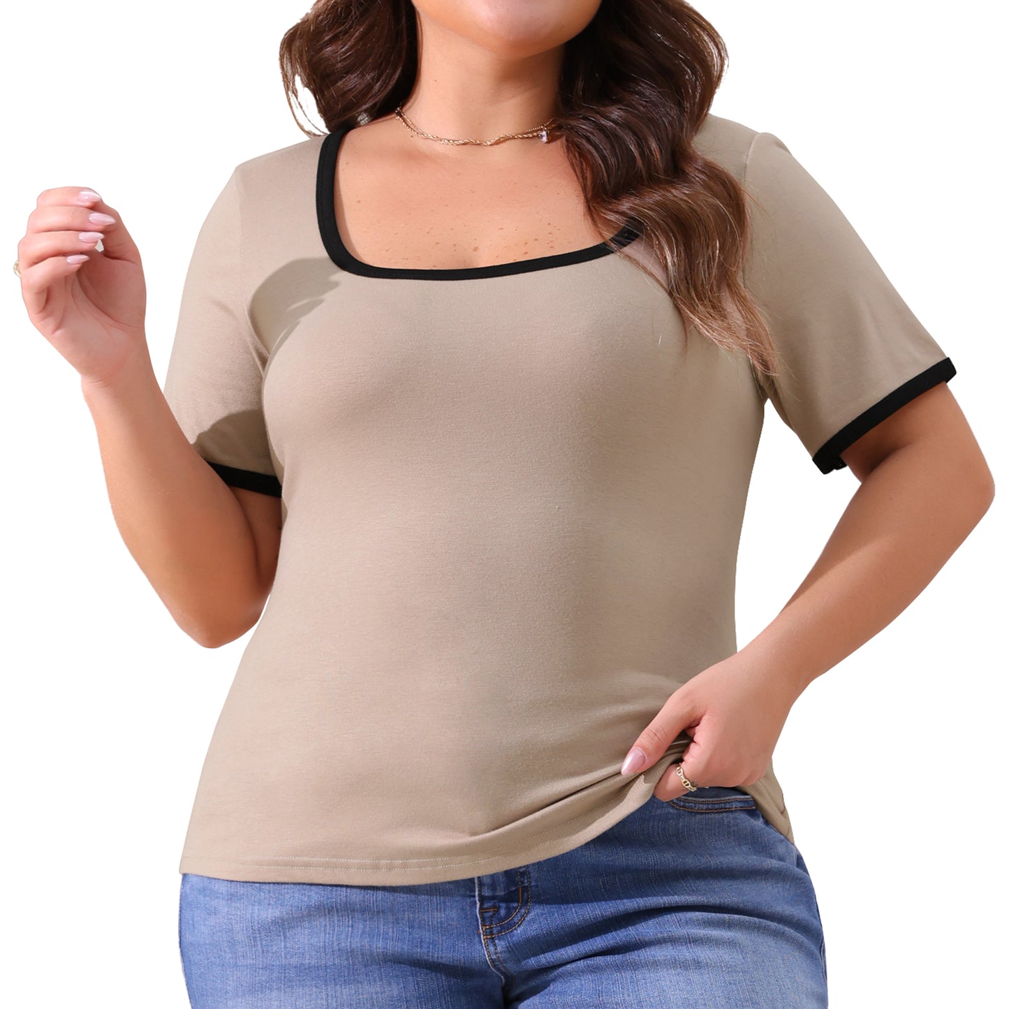 Women Plus Size Top Square Neck Short Sleeve T-Shirt Ribbed Color Block Slim Fit Knit Basic Tee