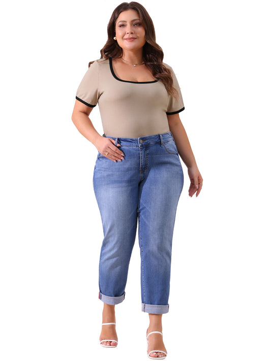 Women Plus Size Top Square Neck Short Sleeve T-Shirt Ribbed Color Block Slim Fit Knit Basic Tee