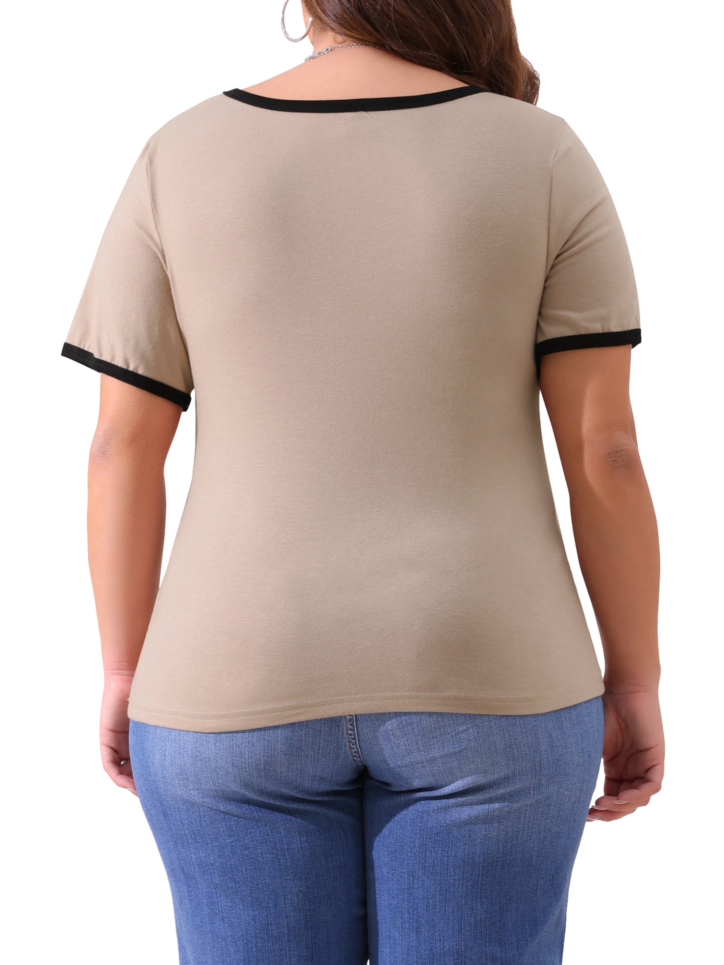 Women Plus Size Top Square Neck Short Sleeve T-Shirt Ribbed Color Block Slim Fit Knit Basic Tee