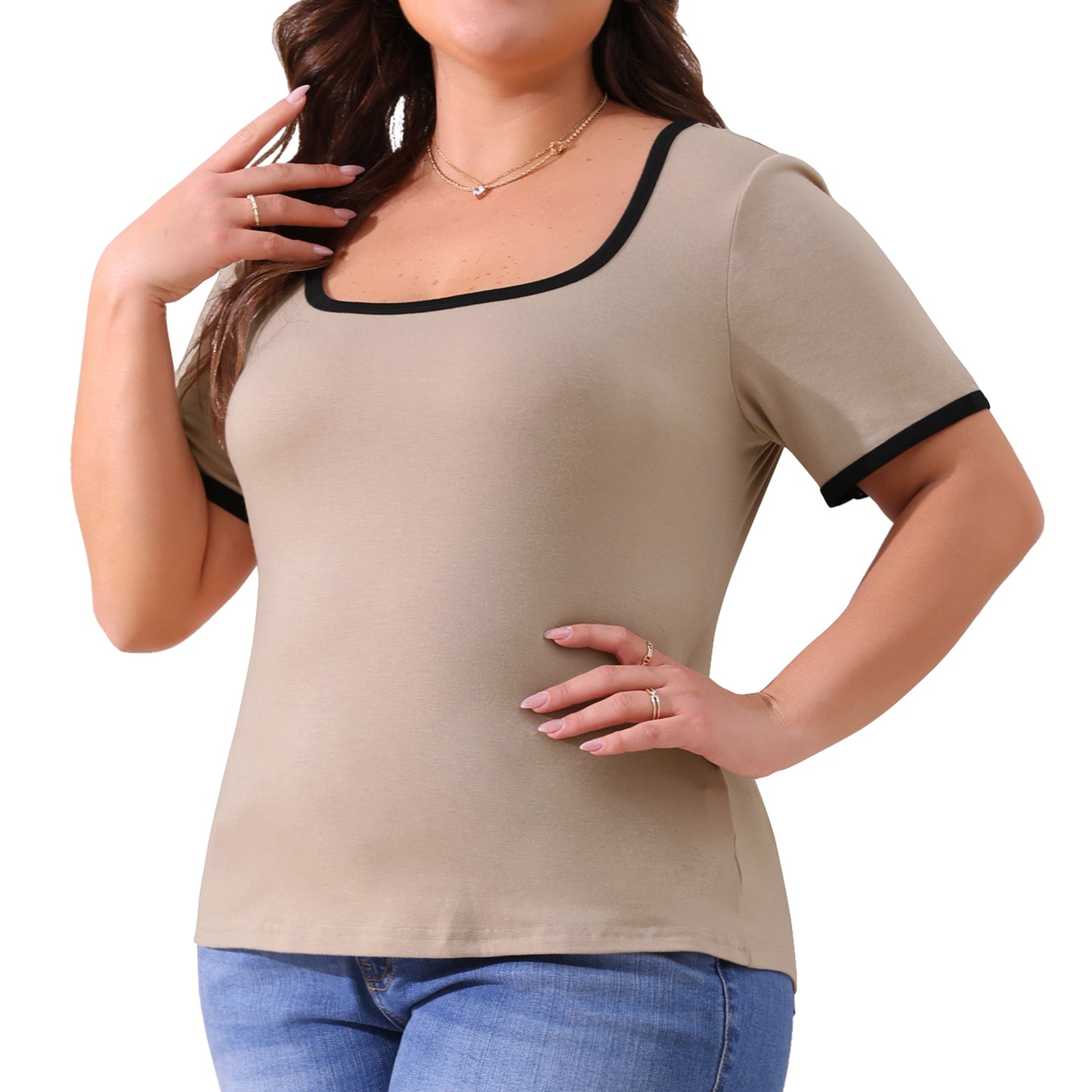 Women Plus Size Top Square Neck Short Sleeve T-Shirt Ribbed Color Block Slim Fit Knit Basic Tee