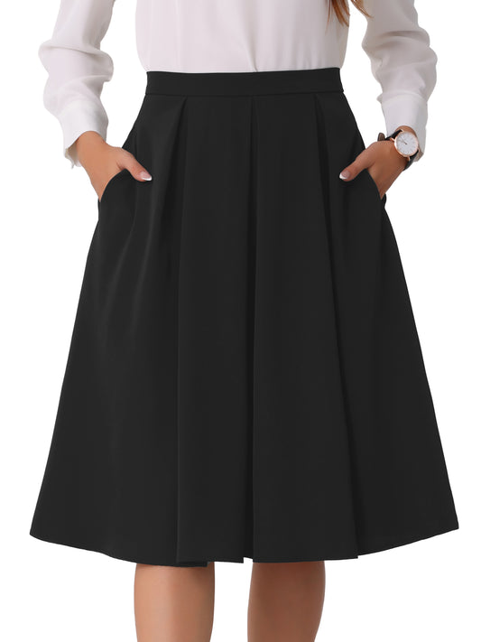Women's High Waist A-Line Flare Pleated Knee Length Skirt with Pocket