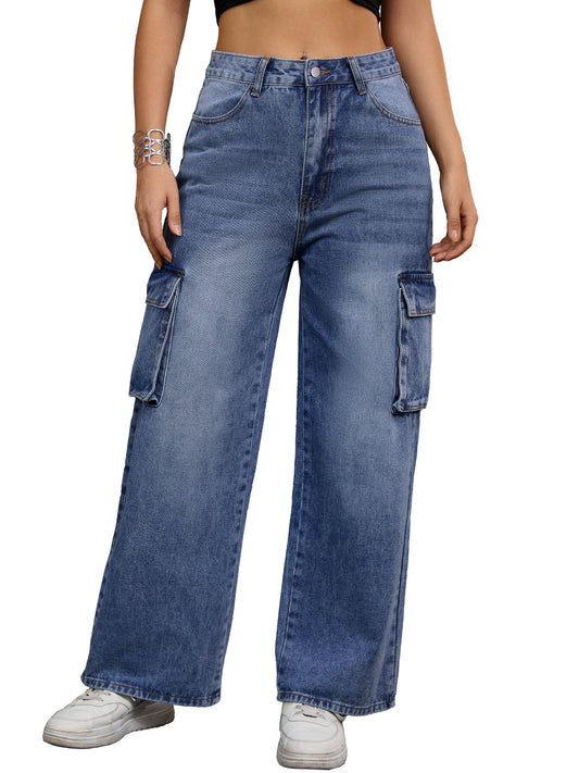 Women's Baggy Cargo Jeans High Waisted Casual Streetwear Wide Leg Denim Pants
