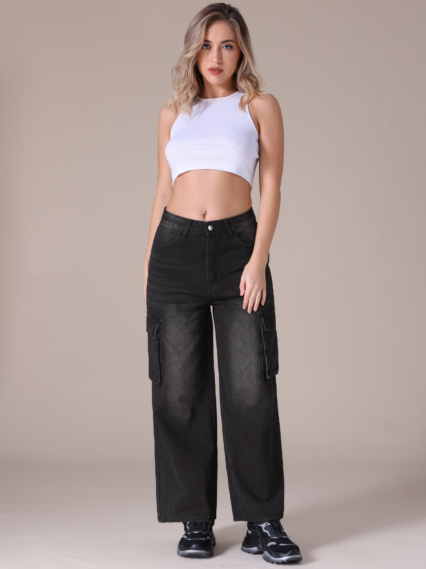 Women's Baggy Cargo Jeans High Waisted Casual Streetwear Wide Leg Denim Pants