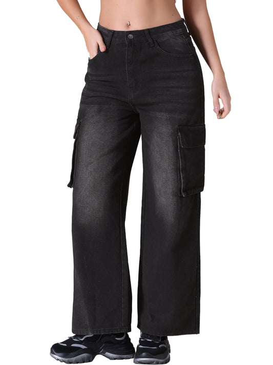 Women's Baggy Cargo Jeans High Waisted Casual Streetwear Wide Leg Denim Pants