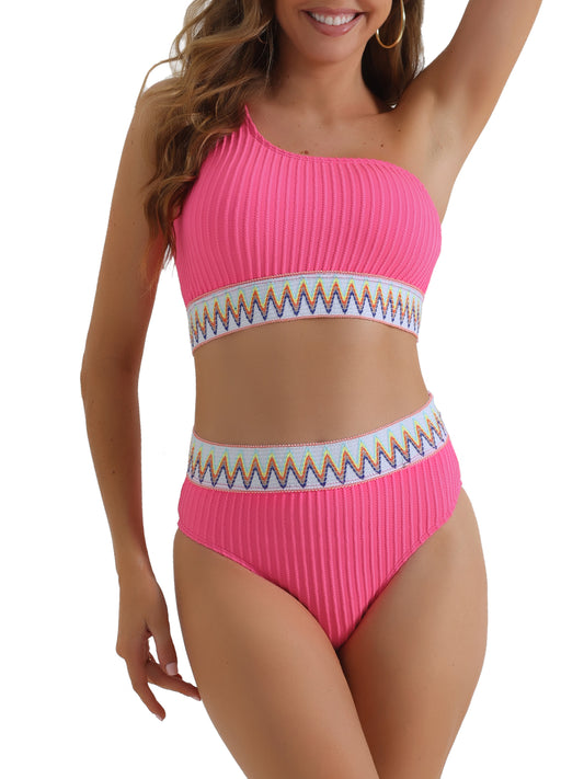 Women's Ribbed One Shoulder Bikini Set 2 Piece High Waist Color Braided Trim Swimwear Bathing Suit