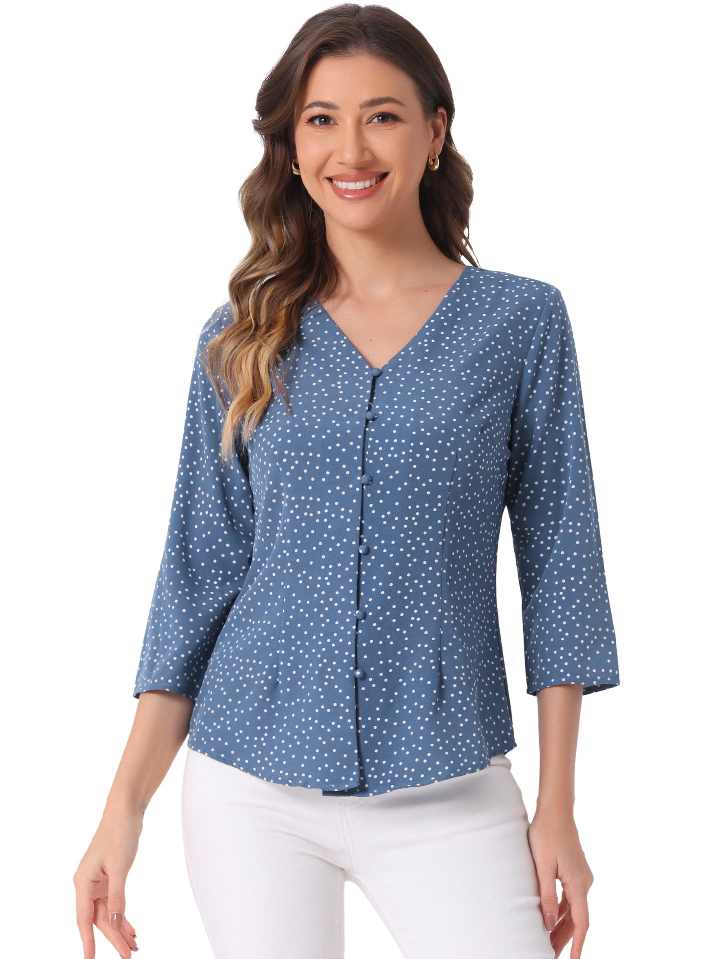 Women's Polka Dots 3/4 Sleeve Button Front V Neck Blouse Shirt (Available in Plus Size)